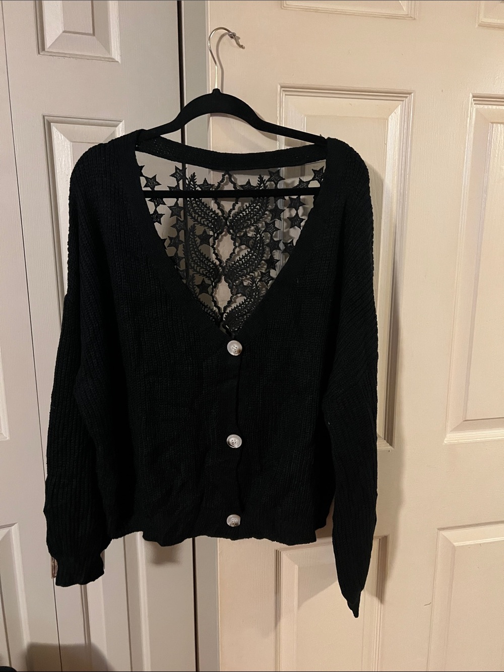 SHEIN Black V-Neck Button Front Sweater with Lace Back